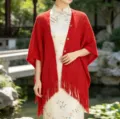 Red knit hollow out fringe shawl for women, summer ethnic style cardigan outerwear variant. - Buckle Hollow Cardigan / Red