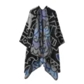 Modischer gemusterter Strick-Poncho mit abstrakten Linien fuer Damen, warme Winter-Umhaenge - Schriftzeichen-Muster - Schwarzblau