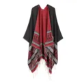 Stylish black red reversible knitted tassel cloak poncho ethnic winter warm shawl - Black Red