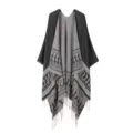 Detailed view of the stylish double-sided knitted fringe shawl cape with geometric patterns. - Black and Gray