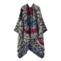 Graues Strickcape mit abstrakter Linienkunst, stylischer Poncho für Herbst und Winter. - Schriftzeichen-Muster - Grau