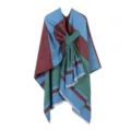 Farbenfroher gestreifter Damen Schal Umhang modischer Strick Poncho mit Fransen Design - Colorblock mit Streifen - Rot & Grün