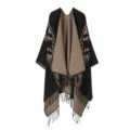Modischer geometrischer Reise Poncho Umhang Schal mit Fransen Damen Herbst Winter warme Kleidung - Tetris - Schwarz & Camel