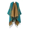 Wendebares geometrisches Fransen-Poncho-Cape, stilvolle warme Damen-Oberbekleidung. - Tetris - Seeblau