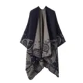 Omkeerbare paisley patroon gebreide sjaal open poncho cape voor dames herfst outfit - Paisley rand marineblauw