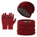 Winter warm knitted hat scarf and gloves set, thick plush fleece lined winter accessory kit. - Three-Piece Set / Burgundy
