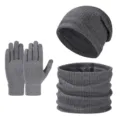 Winter knit 3-piece set with fleece-lined beanie hat, neck warmer, and gloves in grey. - Three-Piece Set / Dark Gray