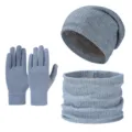 Winter fleece-lined knitted beanie scarf and touchscreen gloves set in light blue color. - Three-Piece Set / Light Blue