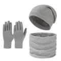Grey winter knit hat, scarf and touchscreen gloves set, thick plush lined warm 3-piece. - Three-Piece Set / Light Gray