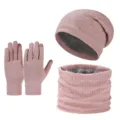 Cozy winter 3-piece set with fleece-lined knitted beanie, neck warmer, and touch gloves. - Three-Piece Set / Pink