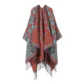 Ethischer rot-blauer Fransenumhang Schal, weicher warmer Kaschmir-Imitat Poncho. - Orange