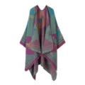 Retro ethnic style knitted cape with vintage horse and geometric patterns for cozy daily wear. - Lake Blue