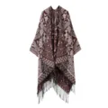 Etnischer Stil Quaste Kaschmir-Gefühl Schal Umhang, Vintage Muster Poncho Cape warm. - Weinrot