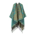 Ethnischen stil gemusterter quasten schal umhang, modischer warmer imitat kaschmir poncho. - Seeblau