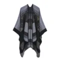 Womens imitation cashmere cape shawl ethnic geometric pattern winter warm poncho grey black. - Totem Black Grey
