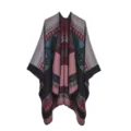 Geometric patterned open front poncho cape, stylish winter warm cape shawl for women grey red - Totem Pink Black
