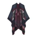 Cashmere-feel poncho cape for women, stylish geometric print warm winter shawl scarf. - Navy Totem