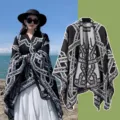 Women's geometric print split cape winter warm thick fashion travel windproof shawl cloak - Black and White