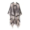 Klassischer Karo Fransen Poncho Umhang, stylischer offener warmer Winter Schal Cape. - Gebrochenes Weiß