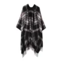 Klassischer karierter Damen Cape Schal, kuscheliger warmer Fransen Poncho Mantel. - Schwarz