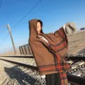 Women hooded plaid cape shawl with fringe hem, warm winter bohemian cloak travel scarf. - Brown