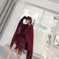 Red plaid hooded fringe cape shawl for women, comfortable warm winter outerwear and travel scarf. - Burgundy