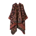 Close-up detail of the cozy knit leopard pattern poncho cape, showing soft texture and stitching. - Black Red