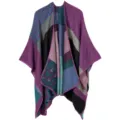 Damen Farbblock Poncho Schal, warme Kaschmirimitat Umhang mit Streifen und Leopardenmuster. - Leopard Violett