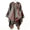 Detailed view of the thick knitted retro geometric pattern cashmere-feel shawl cape fabric. - Grey Shawl