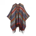 Color-blocked imitation cashmere tassel shawl cape for women, stylish bohemian travel outerwear. - Horizontal Stripes & Small Flowers Triangular Knit - Teal Green