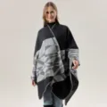 Femme hiver toucher cachemire jacquard géométrique tricoté poncho châle cape manteau - Motif floral géométrique - Noir et gris
