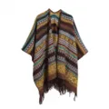 Women bohemian fringe poncho shawl winter warm knitted cape vintage blanket travel outerwear - Horizontal Stripes & Small Flowers Triangular Knit - Yellow