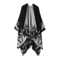 Black and white knitted poncho cape for women, stylish geometric pattern tassel shawl wrap top. - Black and Gray