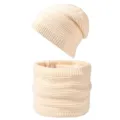 Winter knit beanie and scarf set thick warm fleece lined striped cap for men and women - Beige