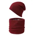 Winter thermal knitted beanie and neck warmer set for men and women fleece lined burgundy - Burgundy