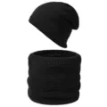 Winter black knitted beanie and infinity scarf set, thick warm wool cap for men and women. - Black