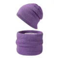 Winter knitted beanie and scarf set, purple ribbed thermal fleece lined warm hat for adults. - Purple