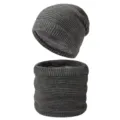 Winter fleece lined knitted beanie hat and neck warmer scarf set for men and women. - Gray