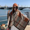 Ethnic style plaid hooded cape for women, warm imitation cashmere shawl for travel and winter. - Coffee