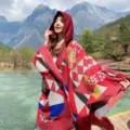 Autumn winter red hooded geometric cloak shawl warm outdoor travel wear fashion poncho - Triangle Combination - Wine Red