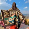 Ethnic geometric hooded poncho shawl in brown color, warm winter cape for women travel. - Geometric Triangle Combination - Khaki