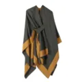 Damen Winter warmer Umhang Schal, dunkelgrau mit senfgelbem Rand, stylische Decke Jacke. - Gelbgrün
