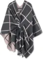 Women winter warm plaid cape shawl stylish open front poncho elegant casual outer wear - Grey with Khaki