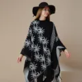 Women's knit poncho cape autumn winter stylish black fringed cozy warm fashion outerwear - Flocked Big Floral - Black Grey