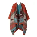 Christmas Reindeer Pattern Knitted Poncho Winter Warm Ethnic Style Cape Shawl Coat - Christmas Reversible - Orange Red