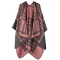 Women winter warm knit plaid cape shawl stylish open front reversible blanket wrap scarf - Striped Plaid - Gray