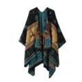 Close-up detail of the Christmas winter knitted cape shawl with deer and snowflake patterns. - Christmas Double-Sided - Black Blue