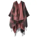 Women winter knitted double-sided shawl cloak with fringe, warm vintage cape coat for daily wear. - Flocked Large Flower - Brownish Pink