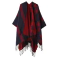 Reversible knitted poncho shawl for women, cozy winter tassel fringe cape detail. - Large Flocked Floral - Tibetan Red