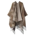 Women winter knitted shawl cape warm poncho fringe solid color stylish outerwear detail design - Flocked Large Flower - Camel Brown